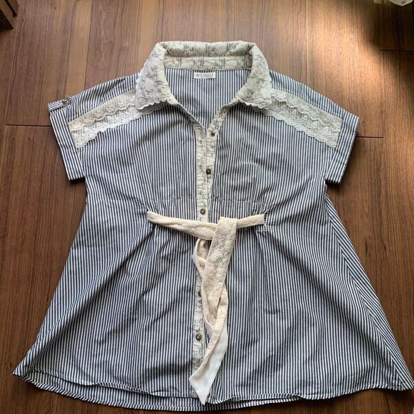 axes femme ストライプ柄ブラウス レース装飾 M