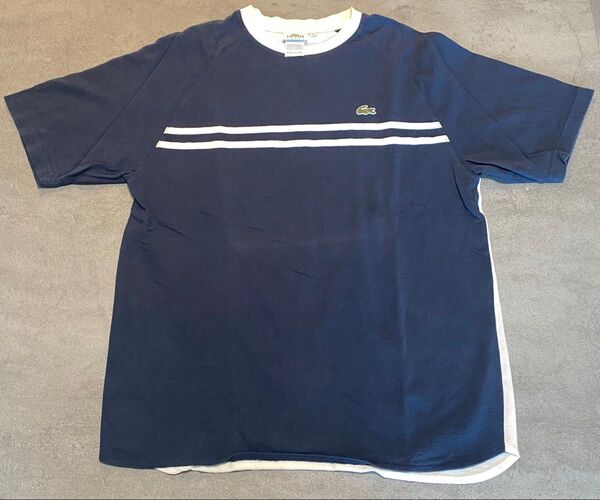 LACOSTE SPORT ラコステスポーツ ストライプTシャツ 綿100% 半袖トップス メンズ ネイビー Lサイズ