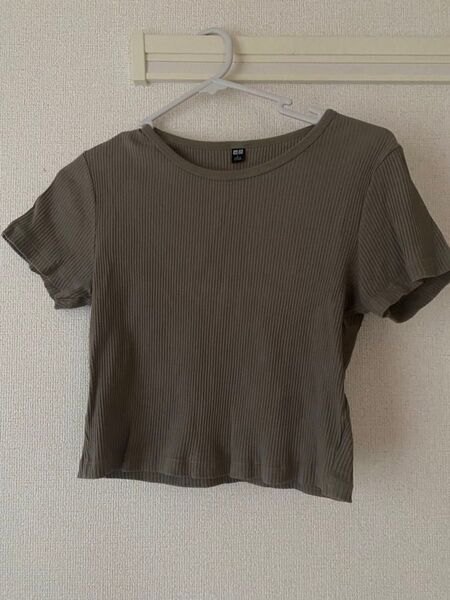 ユニクロ ユニクロ リブ クロップド丈 ミニTシャツ カーキ 半袖 トップス カットソー