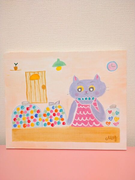 原画 『 猫のキャンディー屋さん』アクリル水彩画 ねこ イラスト ネコ アート キャンバス F3