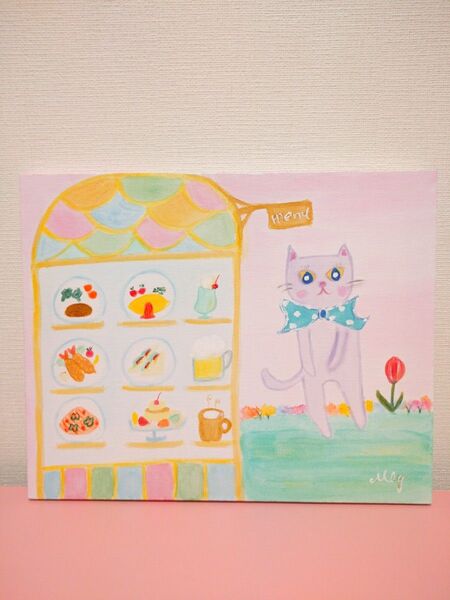 原画『 猫の洋食屋さん 』アクリル水彩画 ねこ アート ネコ イラスト インテリア 猫絵画 アクリル画
