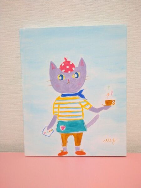 原画 『 猫カフェ 』アクリル水彩画 ねこ アート 猫 イラスト 絵画 インテリア 喫茶店