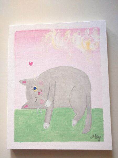 原画 『 ぽかぽか春の昼下がり 』アクリル水彩画 ねこ イラスト 猫 アート 絵画 インテリア