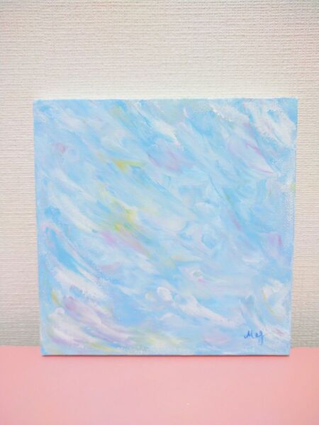 原画 アクリル水彩画 フィンガーアート 絵画 インテリア 抽象画 虹 空 雲