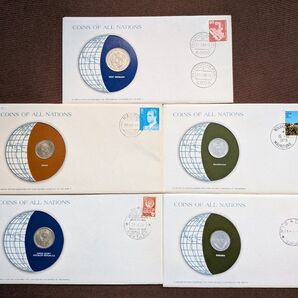 COINS OF ALL NATIONS 西ドイツ スペイン ソビエト モーリタニア ルワンダ 5種類セット記念切手付き 硬貨