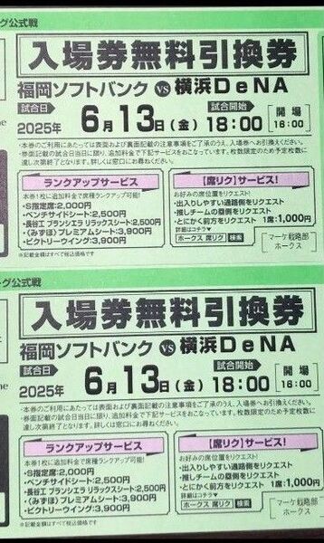 6月13日(金) ソフトバンクホークスvsDeNA 入場券引換券 2枚