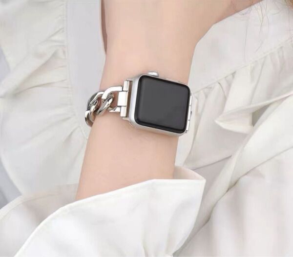 【最安値セール中!再出品OK】 アップルウォッチベルト Apple Watchベルト シルバー チェーン バンド 高級感 オンオフ