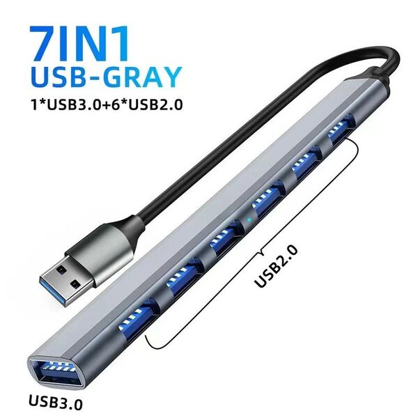 7in1 USBハブ グレー USB3.0×1 USB2.0×6