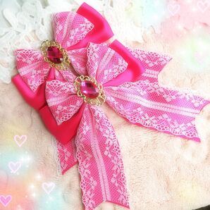 ジュエルリボンヘアクリップ(ビビットピンク)ロリータ 量産型 地雷 推し活 ハンドメイド