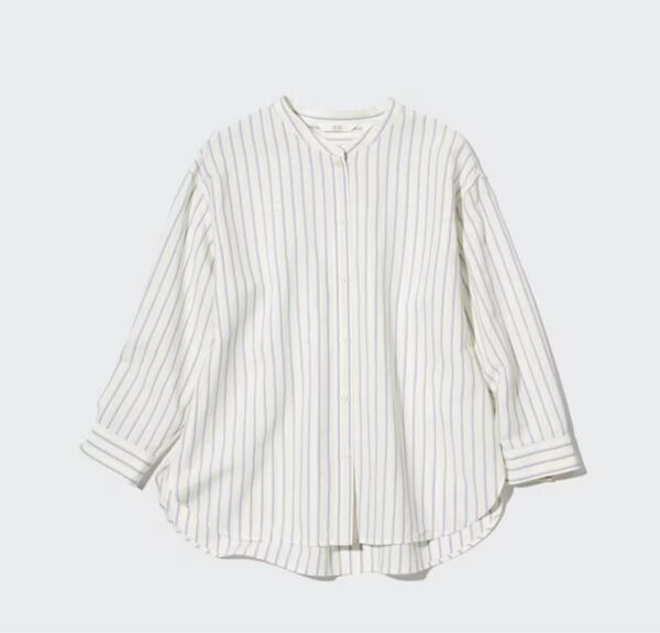 Uniqlo ユニクロ リネンブレンドストライプバンドカラーシャツ(7分袖) Mサイズ オフホワイト