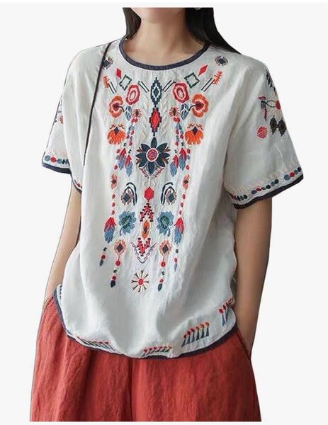 刺繍 エスニック ブラウス Tシャツ カットソー トップス レディース 半袖 アジアン 夏 カジュアル Mサイズ