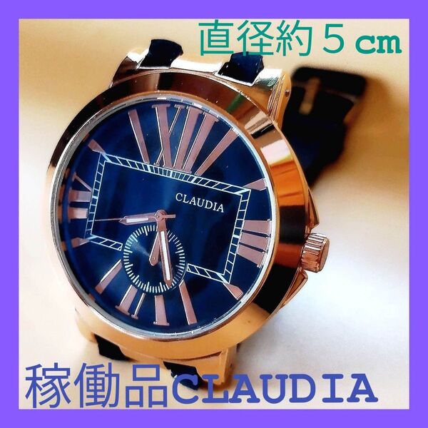 CLAUDIA 腕時計 メンズ、レディース ゴールド ネイビー ローマ数字 ラバーベルト 見やすい大型文字盤 可動品