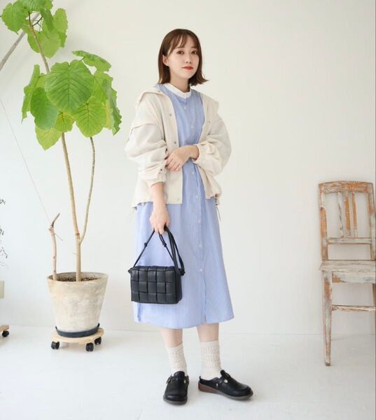 しまむら terawear emu クレリックシャツワンピース 中青 L