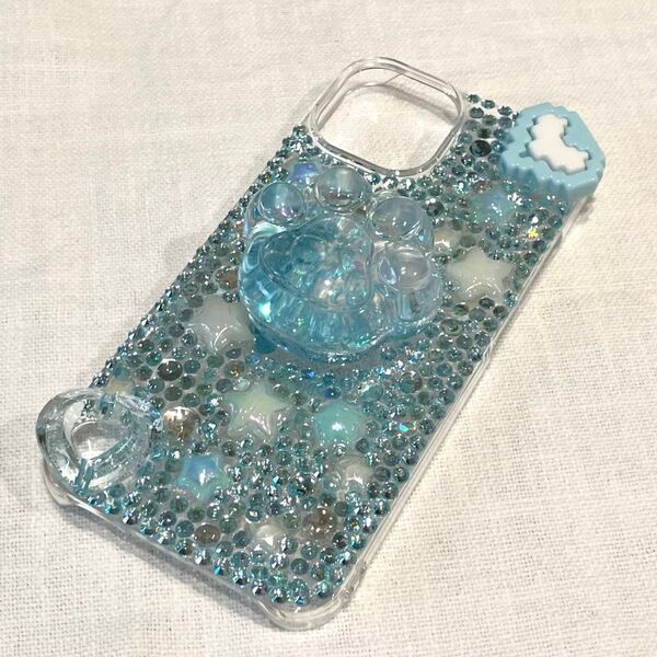 iPhone14/13デコケース 水色にゃんこ