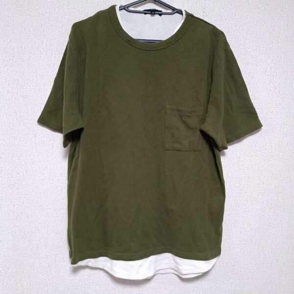 美品☆BEAMS☆重ね着風デザイン半袖カットソー・レイヤード 無地 Tシャツ クルーネック 胸ポケット トップス 半袖 ポケット
