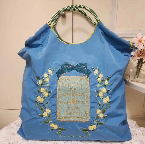 花柄 フラワー リース 刺繍バッグ エコバッグ ◆ブルー◆トートバック【新品・未使用】
