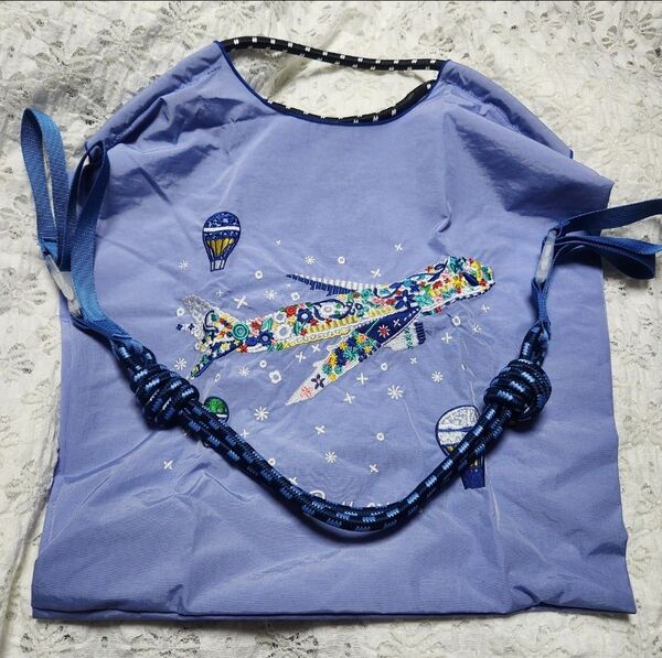 刺繍 花柄 飛行機デザイン トートバッグ◆パープル◆エコバック◆ショルダーストラップ付き◆新品