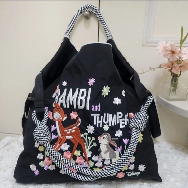 鹿とウサギの刺繍のバック ◆トートバック◆ エコバック ◆ショルダーストラップ付き◆新品 ◆バンビ