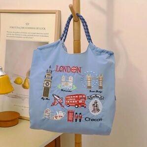 刺繍バッグ エコバッグ ロンドン バス ◆水色◆トートバック【新品・未使用】
