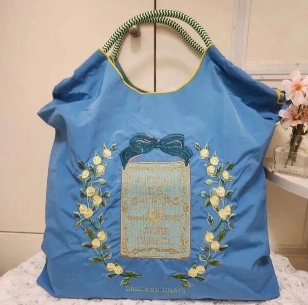 花柄 フラワー リース 刺繍バッグ エコバッグ ◆ブルー◆トートバック【新品・未使用】