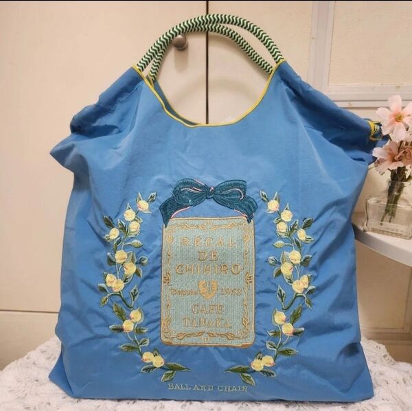 花柄 フラワー リース 刺繍バッグ エコバッグ ◆ブルー◆トートバック【新品・未使用】
