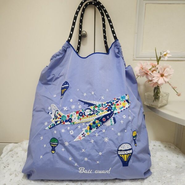 刺繍 花柄 飛行機デザイン トートバッグ◆パープル◆エコバック◆新品