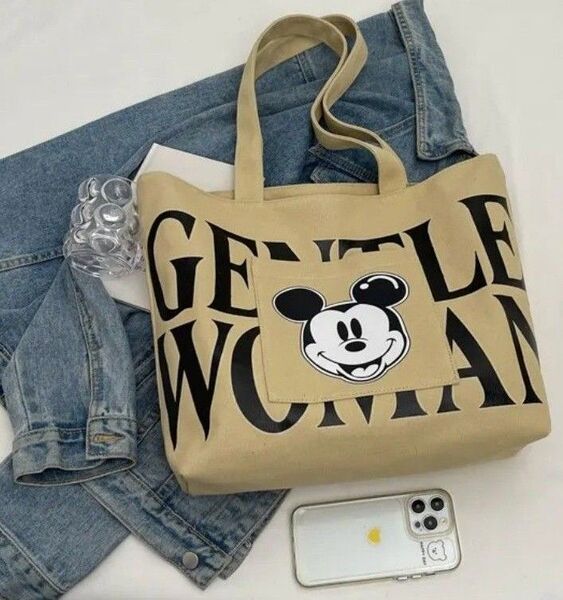 ミッキーマウストートバッグ ◆ベージュ◆ GENTLE WOMAN キャンバス地トートバック◆チャックつき◆新品
