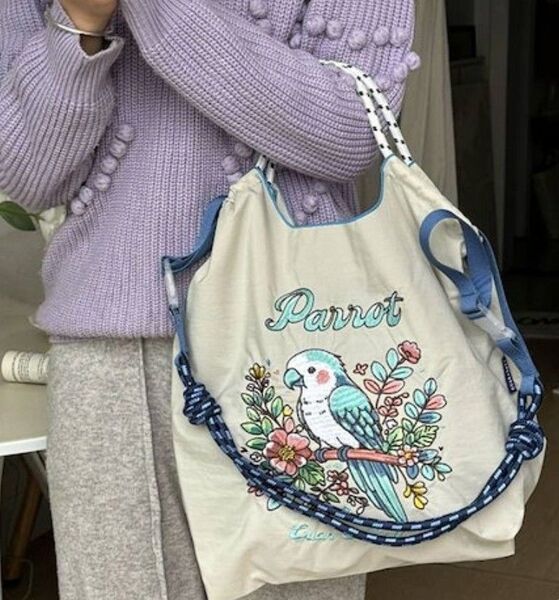 オウムと花柄 刺繍のトートバッグ M◆ショッピングバッグ◆大容量ナイロントートバッグ◆折りたたみ式ショルダーバッグ◆新品