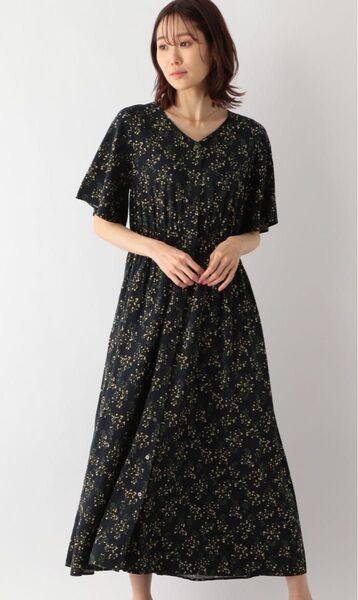 【GLOBAL WORK】半袖 花柄ワンピース ネイビー Mサイズ ロングワンピース