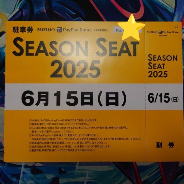PayPayドーム 駐車券 6月15日 ソフトバンク ホークス セパ交流戦ホーム最終日 ※購入前要コメント 6/15