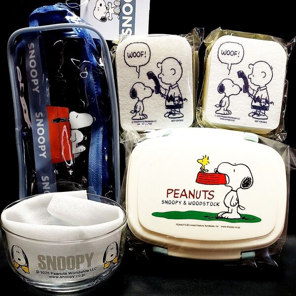 スヌーピー Peanuts 5点セット マルチボックス クリアポーチ ペンポーチ 食器 ガラス ボウル スポンジ② No50