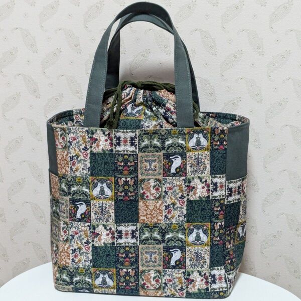 レトログレーと動物 巾着 スクエアトートバッグ 大 ハンドメイド
