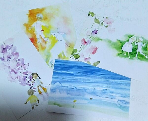 いわさきちひろ絵はがき4枚 藤の花 スイートピー 海 やぎと男の子 美術館お土産 ポストカード コレクション
