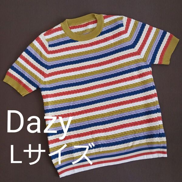 SHEIN Dazy マルチボーダー柄半袖ニット Lサイズ レーヨン ポリエステル クルーネック 春夏