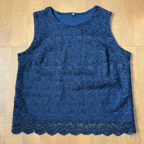 クーポン使用で500円! 新品 ユニクロ ノースリーブ レース トップス タンクトップ ネイビー XXL