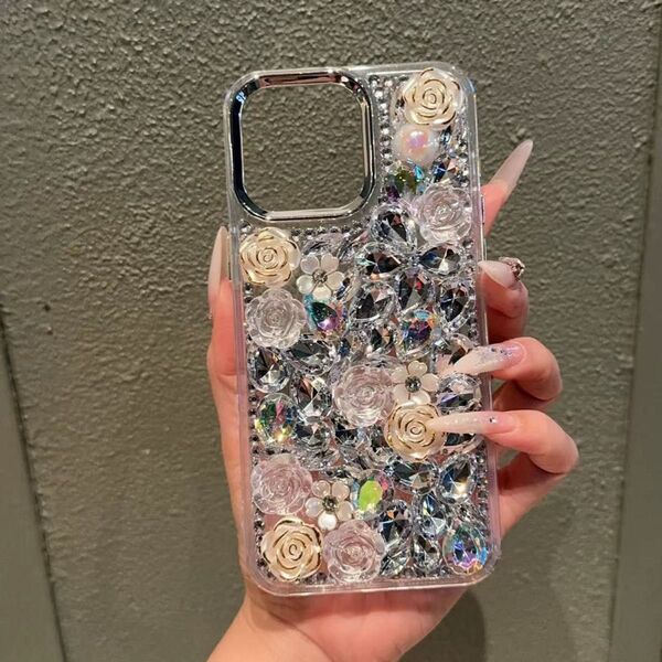 iPhoneケース キラキラ ラインストーン 薔薇 デコ クリア