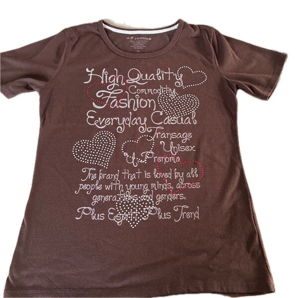 U.P renoma Tシャツ ハート柄 ロゴ ブラウン レディース