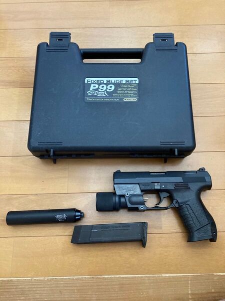 マルゼン ワルサーp99 ガスガン 固定スライド フィクスドスライドセット ライト、サイレンサー、専用ガンケース付属 ジャンク品