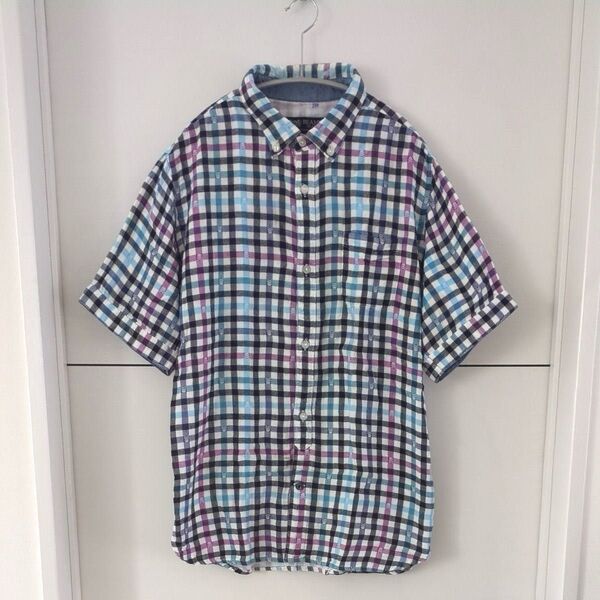 BEAMS HEARTビームス ハート スカル柄チェック半袖ボタンダウンシャツ ドクロ ダブルガーゼ◆サイズ:L