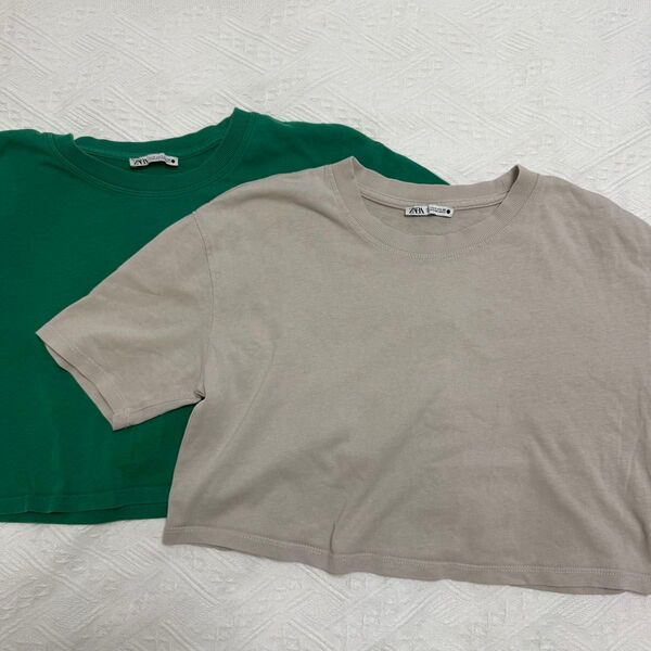 ZARA 半袖クロップド丈Tシャツ 2枚セット Sサイズ グリーン ベージュ
