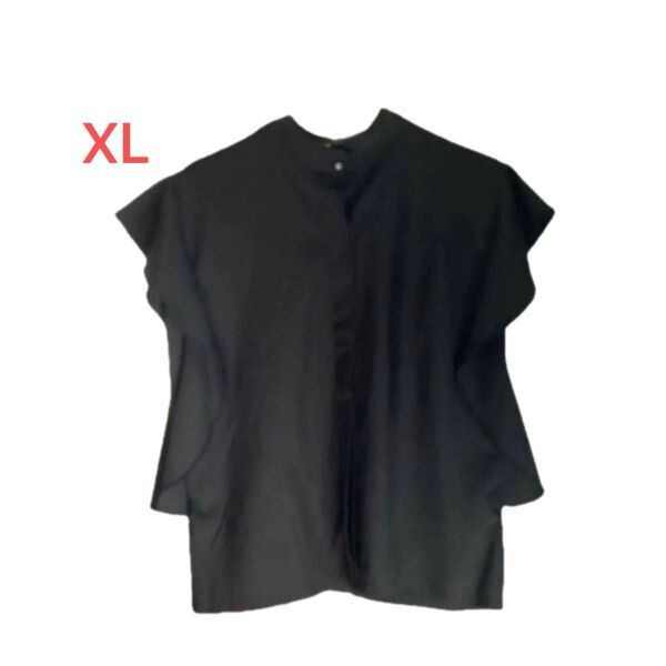 トップス フリル袖 ブラウス シャツ ブラック 黒 ノースリーブ シンプル オフィス モノトーン 夏服 大きいサイズ LL XL