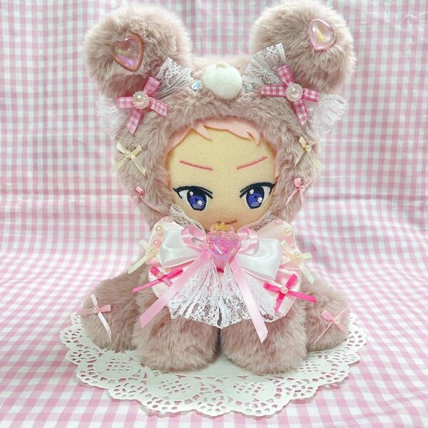 16cm おすわり ぬい服 ピンク くま 『いちごみるくくまちゃん』 (裏地付き、ループあり)