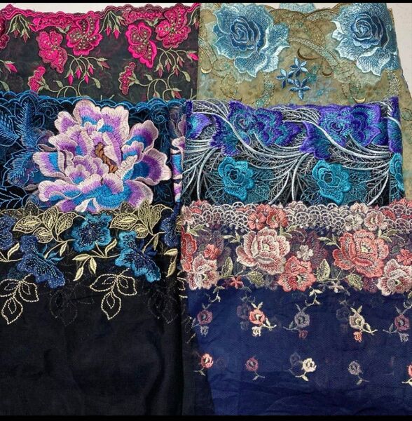 1点選ぶハギレ刺繍チュールレースBlueラスト