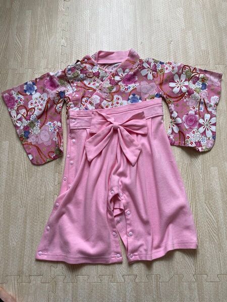 ベビー袴ロンパース 80ピンク 花柄