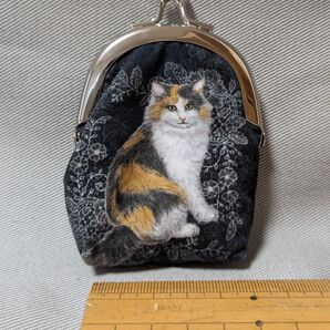 No27ハンドメイドがま口 猫柄 財布 小銭入れ ブラック