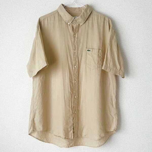 【美品】LACOSTE リネン 麻 100% ボタンダウン 半袖シャツ ベージュ系 メンズM L相当
