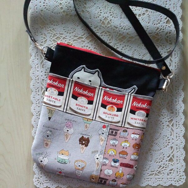 112 コットンこばやし デカねこ アップリケ サコッシュ ハンドメイド