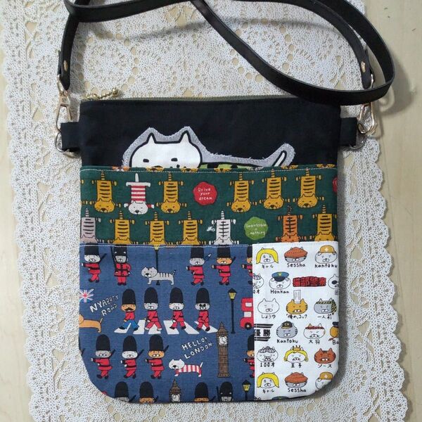 116 コットンこばやし デカねこ アップリケ サコッシュ ハンドメイド