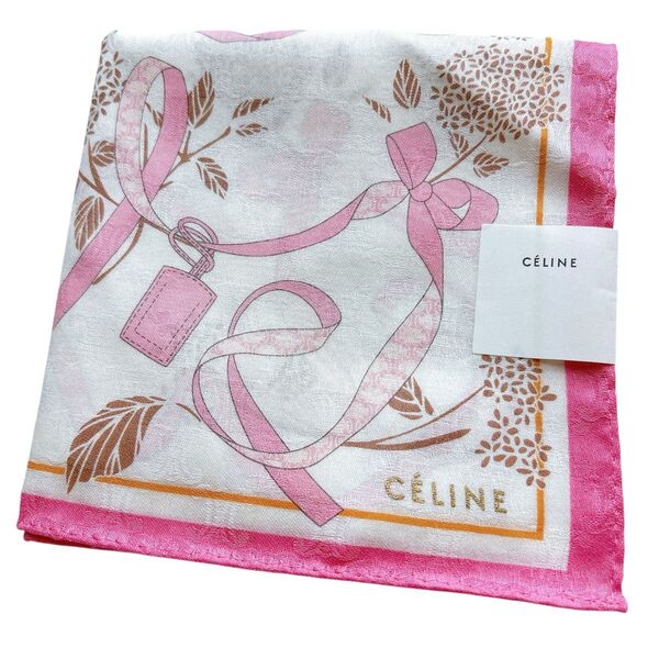CELINE セリーヌ 大判 ハンカチ スカーフ マカダム リボン ピンク