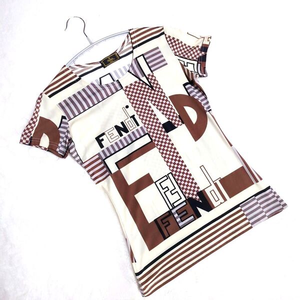 希少 美品★FENDI フェンディ ズッカ 総柄 Tシャツ 半袖 ハーフスリーブ ロゴTシャツ トップスプルオーバー イタリア製